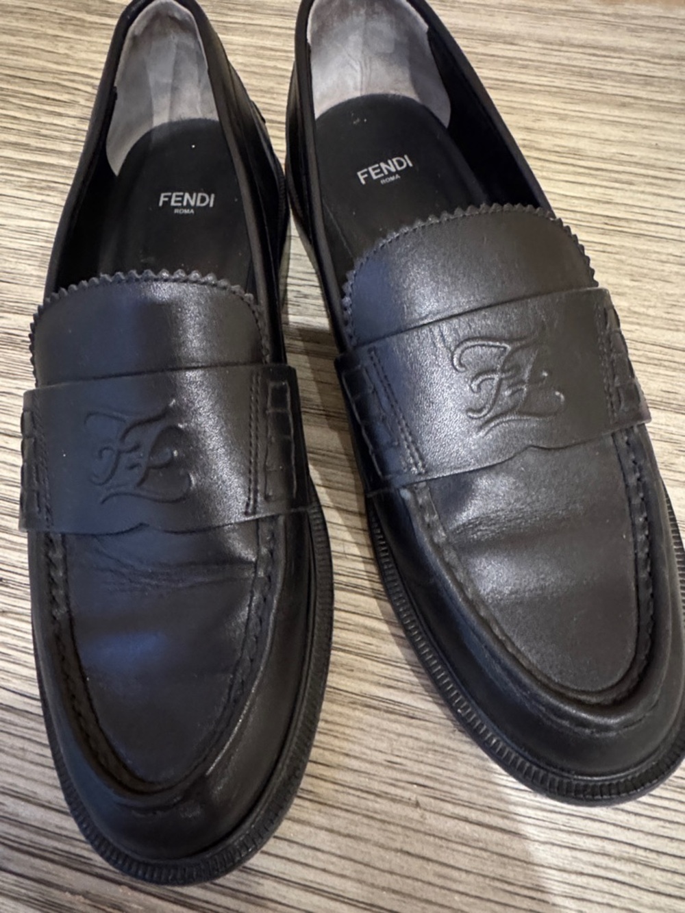 Fendi Black Leather Penny Loafers with Embossed FF Logo - Picture 5 of 5